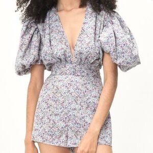 NEW Floral Puff Sleeve Ruched Waist V Neck Size 14 Playsuit Onesie Purple Blue